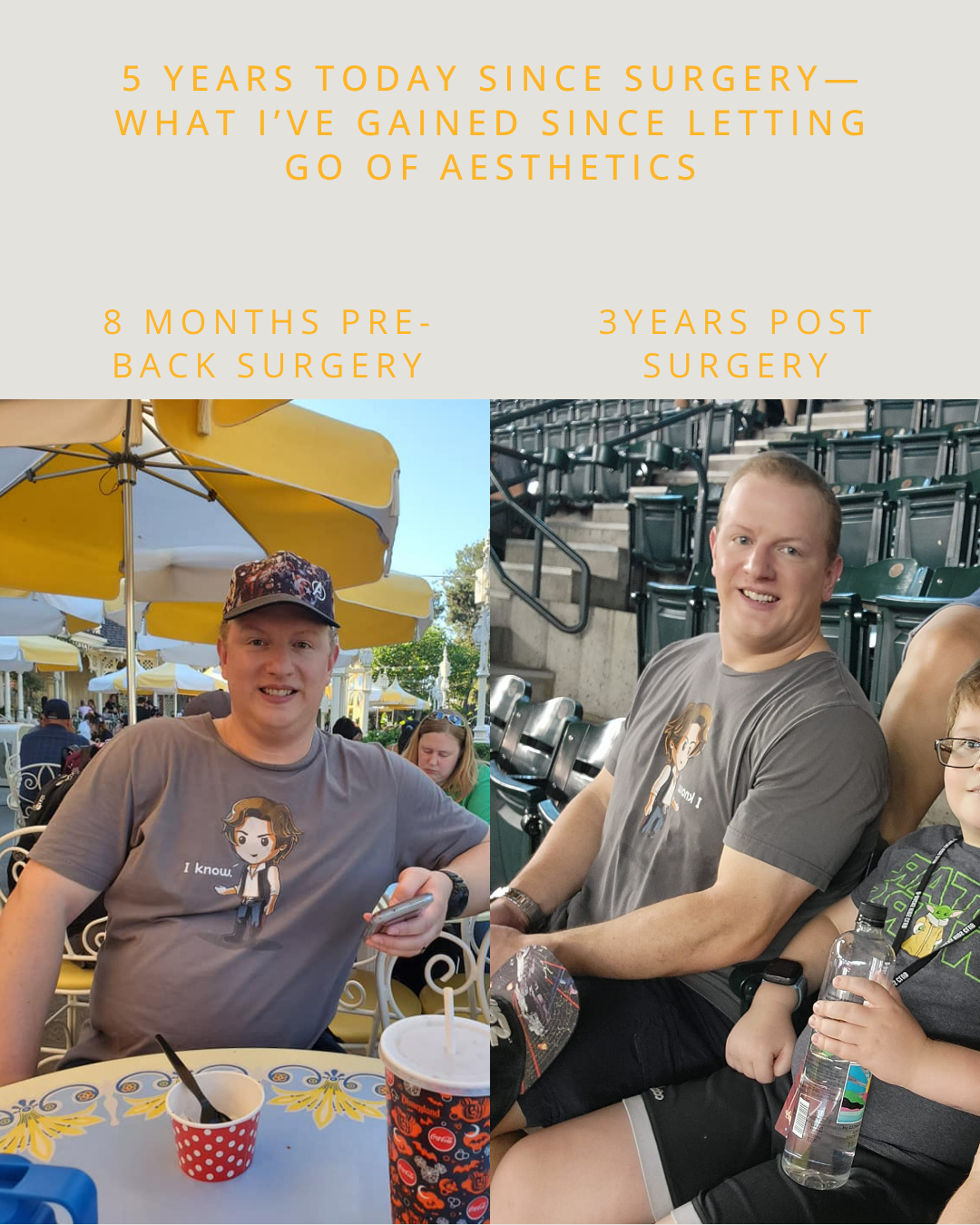 back surgery fitness health, Before and after photo of John, a Lifestyle Performance Training client, showing recovery progress and improved strength after fitness coaching